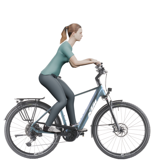 Sitzbeispiel mit derselben 3D-Person: leicht nach vorn geneigte Haltung auf demselben KTM Macina Style 810 mit 51 cm Rahmen.