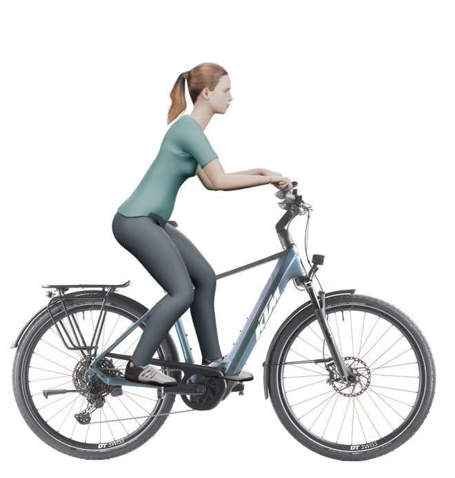 Sitzbeispiel mit 3D-Person: aufrechtere Haltung auf einem KTM Macina Style 810 mit 51 cm Rahmen.