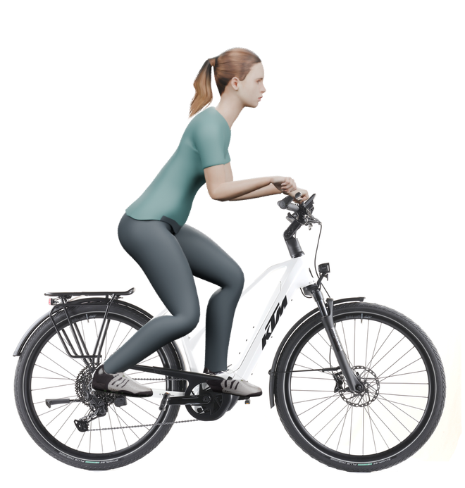 Sitzbeispiel mit derselben 3D-Person: leicht nach vorn geneigte Haltung auf demselben KTM Macina Style 820 mit 51 cm Rahmen.