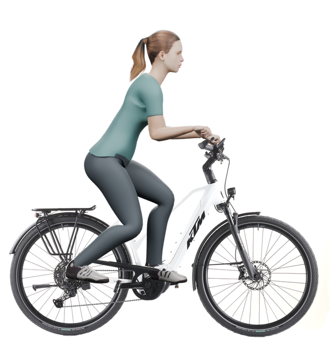 Sitzbeispiel mit 3D-Person: aufrechtere Haltung auf einem KTM Macina Style 820 mit 51 cm Rahmen.