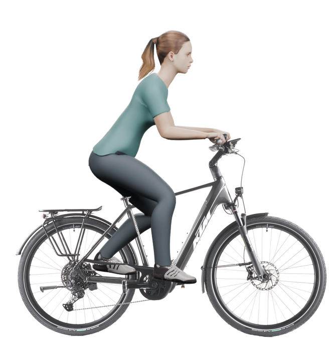 Sitzbeispiel mit derselben 3D-Person: leicht nach vorn geneigte Haltung auf demselben KTM Macina Style 820 mit 56 cm Rahmen.