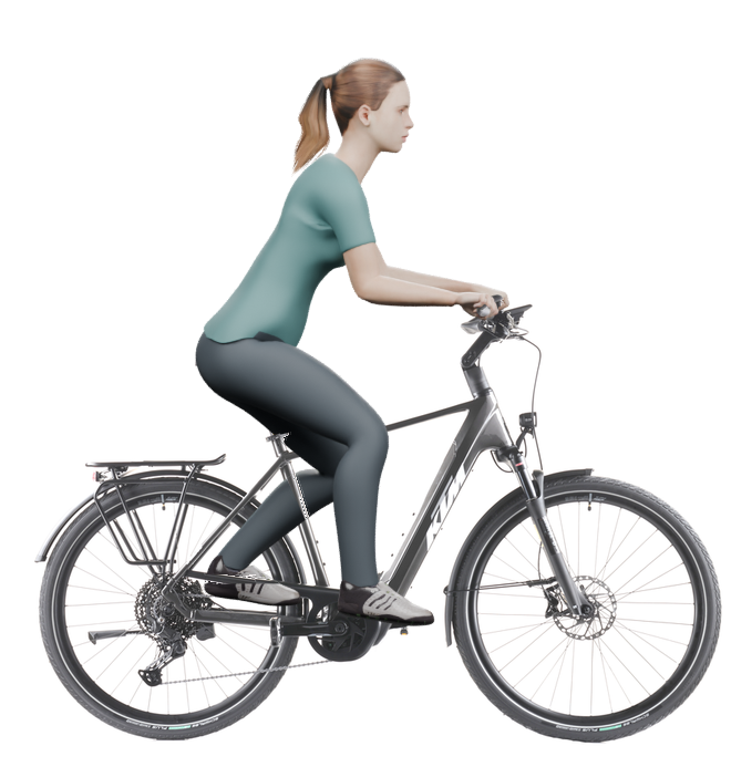 Sitzbeispiel mit 3D-Person: aufrechtere Haltung auf einem KTM Macina Style 820 mit 56 cm Rahmen.