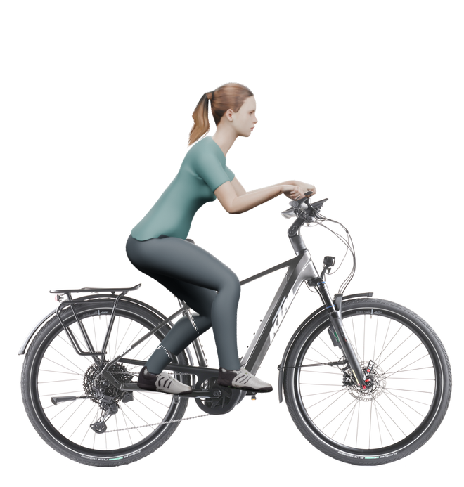 Sitzbeispiel mit derselben 3D-Person: leicht nach vorn geneigte Haltung auf demselben KTM Macina Style 820 ABS mit 46 cm Rahmen.