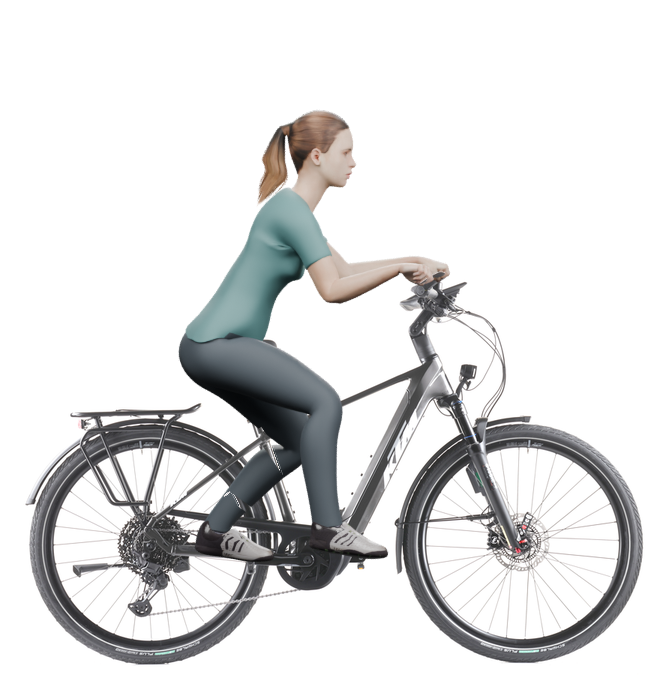 Sitzbeispiel mit 3D-Person: aufrechtere Haltung auf einem KTM Macina Style 820 ABS mit 46 cm Rahmen.