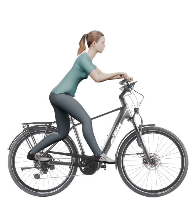 Sitzbeispiel mit derselben 3D-Person: leicht nach vorn geneigte Haltung auf demselben KTM Macina Style 820 ABS mit 51 cm Rahmen.