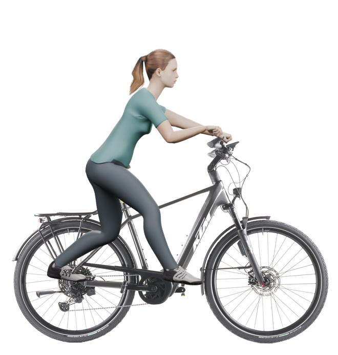 Sitzbeispiel mit 3D-Person: aufrechtere Haltung auf einem KTM Macina Style 820 ABS mit 51 cm Rahmen.