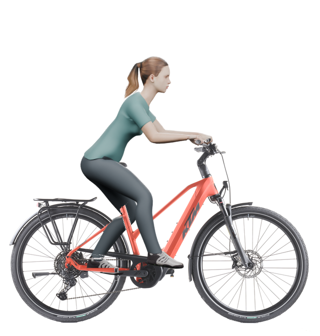 Sitzbeispiel mit derselben 3D-Person: leicht nach vorn geneigte Haltung auf demselben KTM Macina Style 830 mit 46 cm Rahmen.