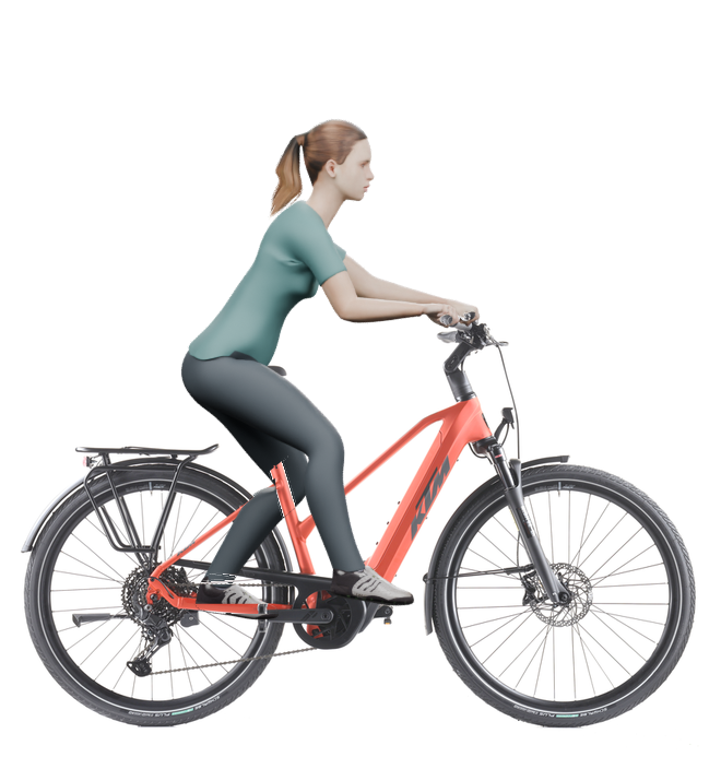 Sitzbeispiel mit 3D-Person: aufrechtere Haltung auf einem KTM Macina Style 830 mit 46 cm Rahmen.