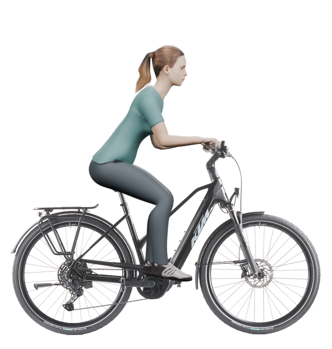 Sitzbeispiel mit derselben 3D-Person: leicht nach vorn geneigte Haltung auf demselben KTM Macina Style 830 mit 51 cm Rahmen.