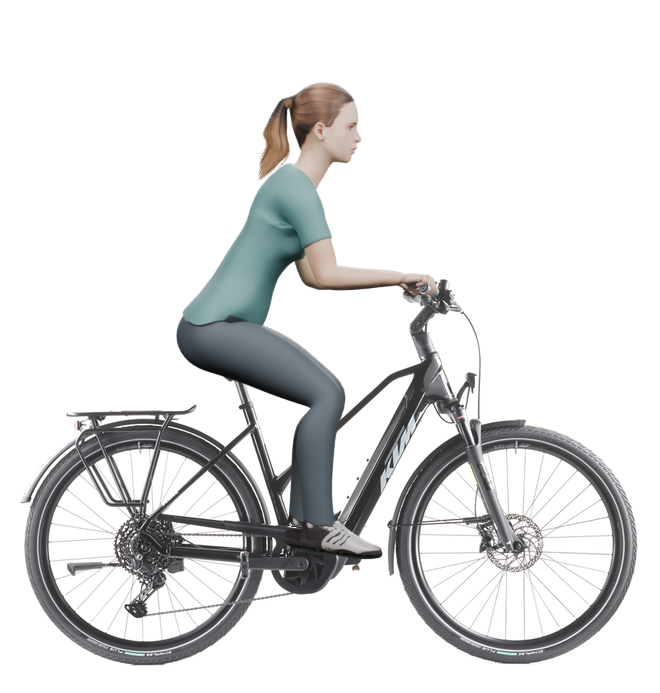 Sitzbeispiel mit 3D-Person: aufrechtere Haltung auf einem KTM Macina Style 830 mit 51 cm Rahmen.