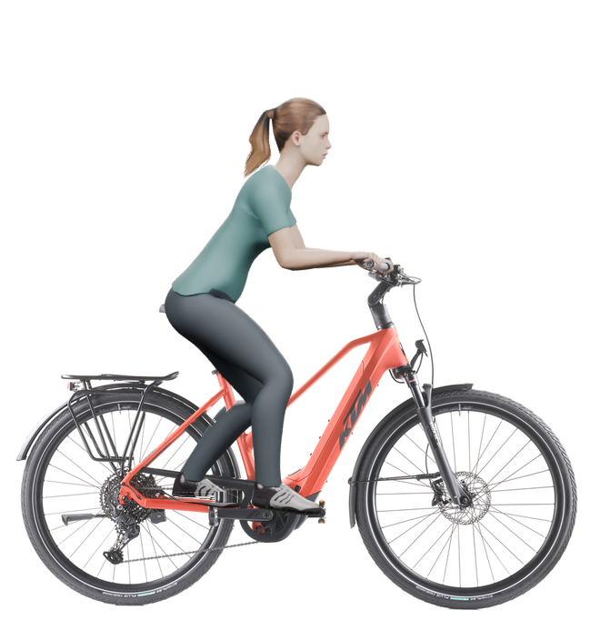 Sitzbeispiel mit derselben 3D-Person: leicht nach vorn geneigte Haltung auf demselben KTM Macina Style 830 mit 51 cm Rahmen.