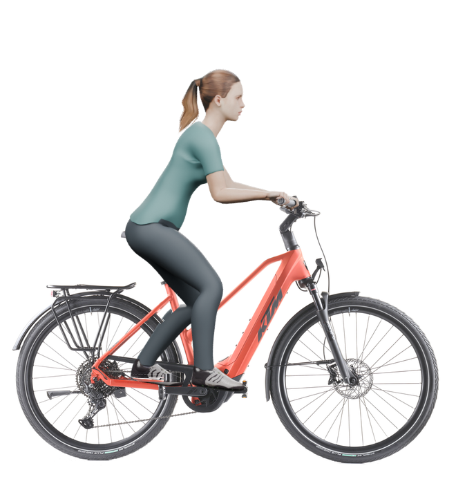 Sitzbeispiel mit 3D-Person: aufrechtere Haltung auf einem KTM Macina Style 830 mit 51 cm Rahmen.