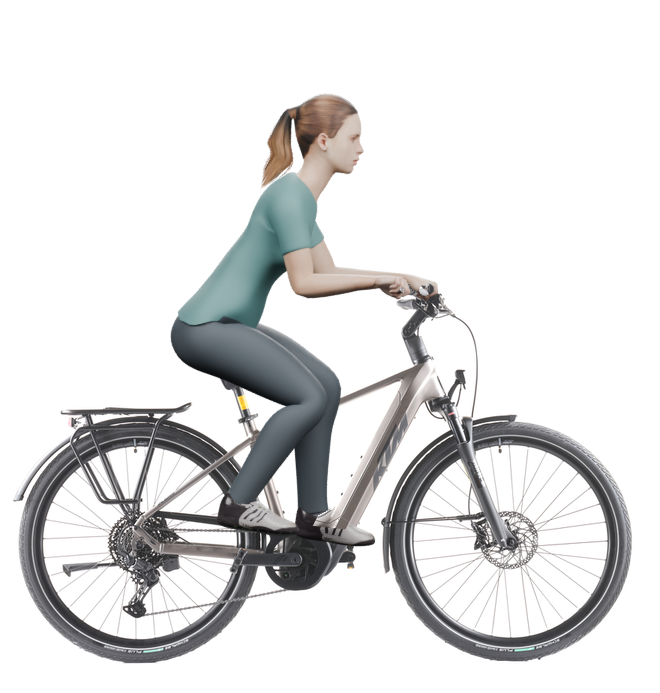Sitzbeispiel mit derselben 3D-Person: leicht nach vorn geneigte Haltung auf demselben KTM Macina Style 830 mit 46 cm Rahmen.