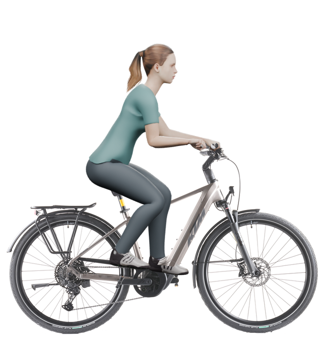 Sitzbeispiel mit 3D-Person: aufrechtere Haltung auf einem KTM Macina Style 830 mit 46 cm Rahmen.