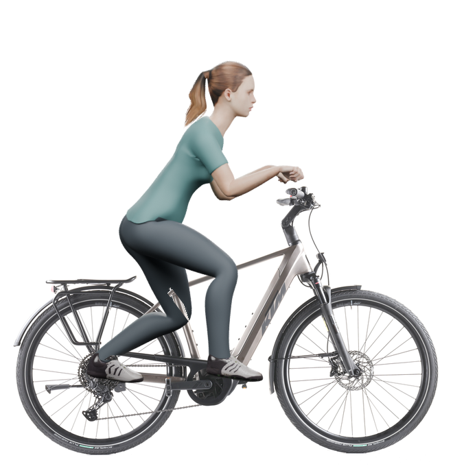 Sitzbeispiel mit derselben 3D-Person: leicht nach vorn geneigte Haltung auf demselben KTM Macina Style 830 mit 51 cm Rahmen.