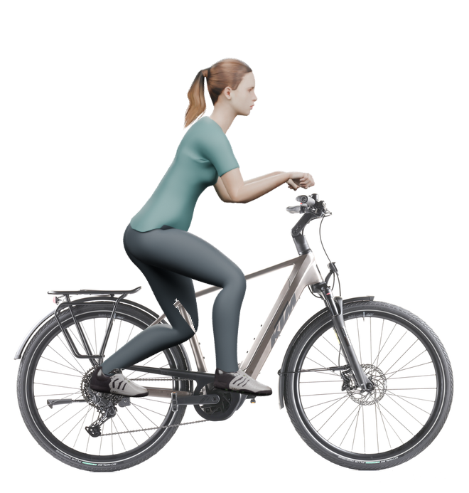 Sitzbeispiel mit 3D-Person: aufrechtere Haltung auf einem KTM Macina Style 830 mit 51 cm Rahmen.