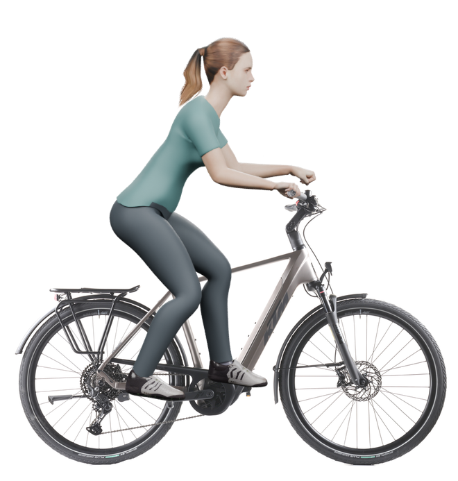 Sitzbeispiel mit derselben 3D-Person: leicht nach vorn geneigte Haltung auf demselben KTM Macina Style 830 mit 56 cm Rahmen.