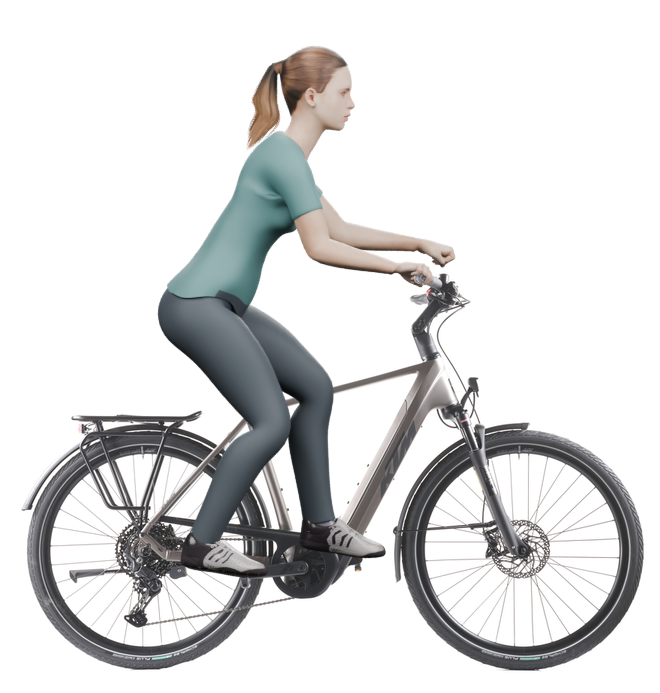 Sitzbeispiel mit 3D-Person: aufrechtere Haltung auf einem KTM Macina Style 830 mit 56 cm Rahmen.