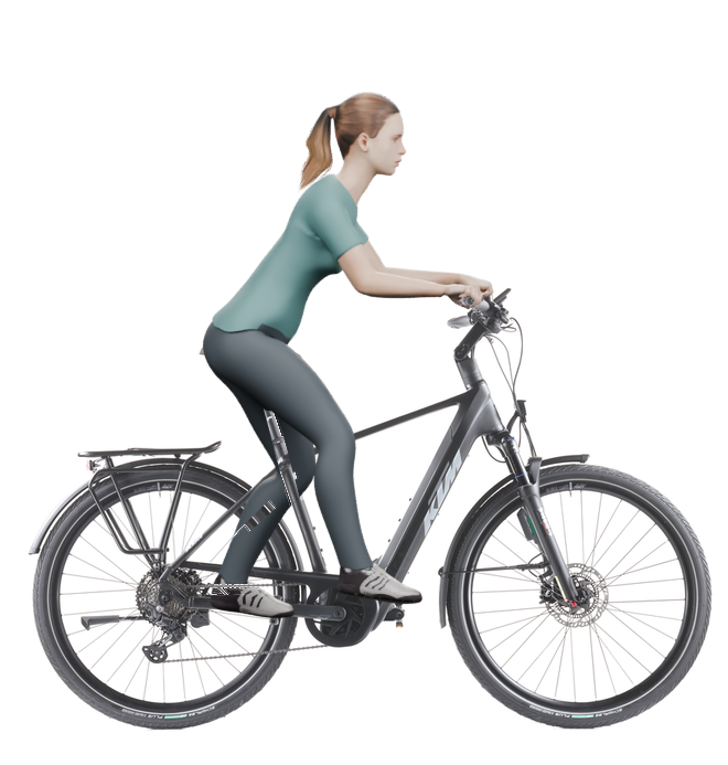 Sitzbeispiel mit derselben 3D-Person: leicht nach vorn geneigte Haltung auf demselben KTM Macina Style 830 ABS mit 51 cm Rahmen.