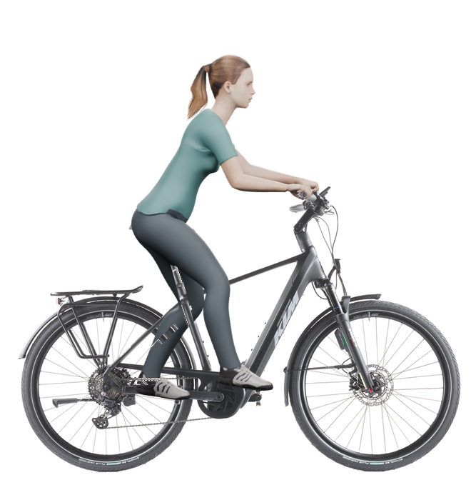 Sitzbeispiel mit 3D-Person: aufrechtere Haltung auf einem KTM Macina Style 830 ABS mit 51 cm Rahmen.