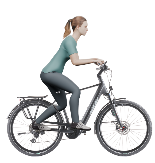 Sitzbeispiel mit derselben 3D-Person: leicht nach vorn geneigte Haltung auf demselben KTM Macina Style 830 ABS mit 56 cm Rahmen.
