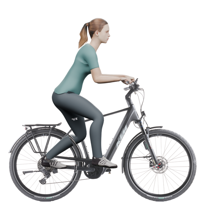 Sitzbeispiel mit 3D-Person: aufrechtere Haltung auf einem KTM Macina Style 830 ABS mit 56 cm Rahmen.