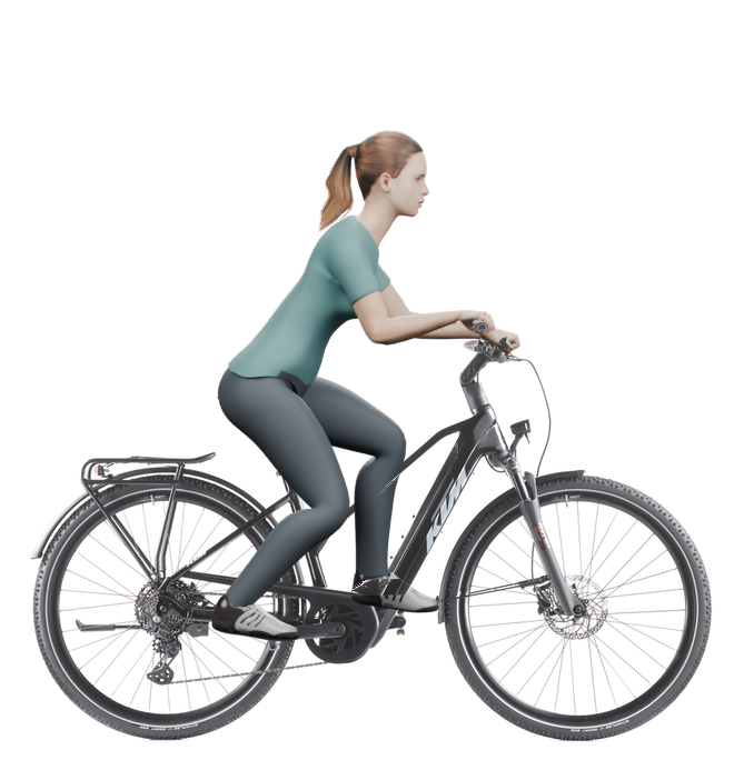 Sitzbeispiel mit derselben 3D-Person: leicht nach vorn geneigte Haltung auf demselben KTM Macina Tour CX 830 mit 46 cm Rahmen.