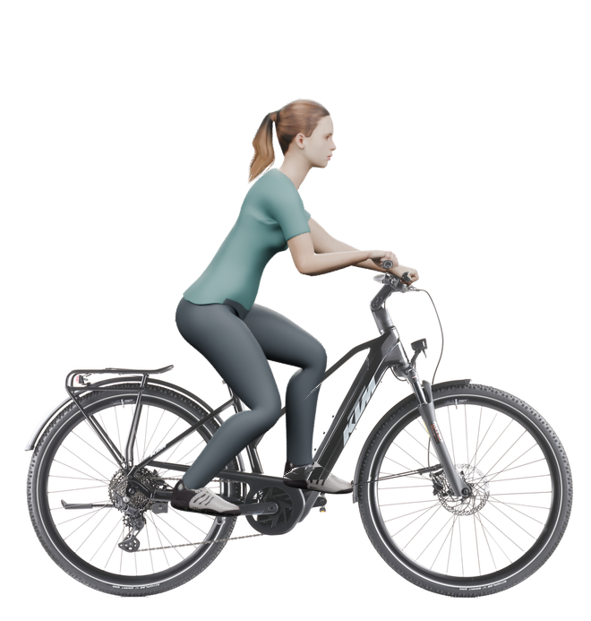 Sitzbeispiel mit 3D-Person: aufrechtere Haltung auf einem KTM Macina Tour CX 830 mit 46 cm Rahmen.