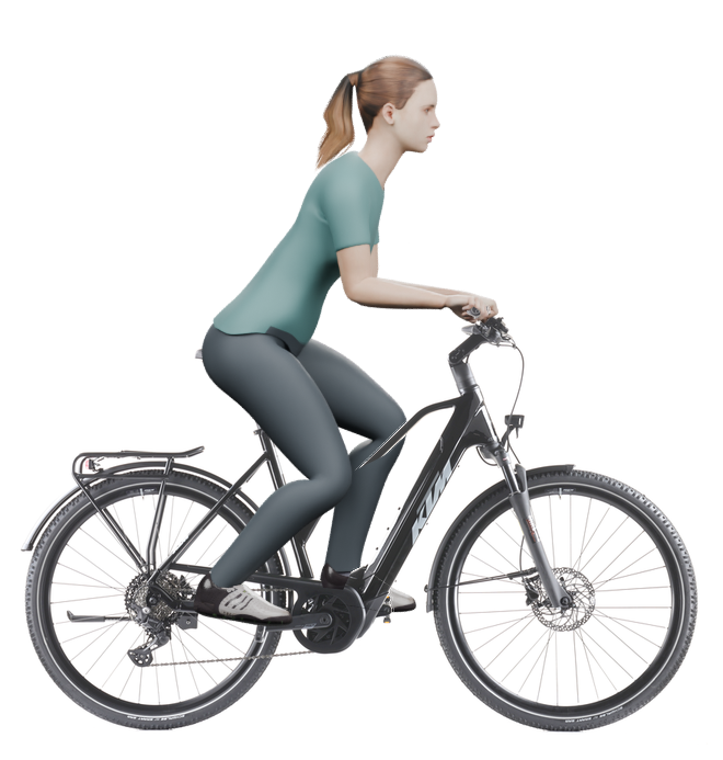 Sitzbeispiel mit derselben 3D-Person: leicht nach vorn geneigte Haltung auf demselben KTM Macina Tour CX 830 mit 56 cm Rahmen.