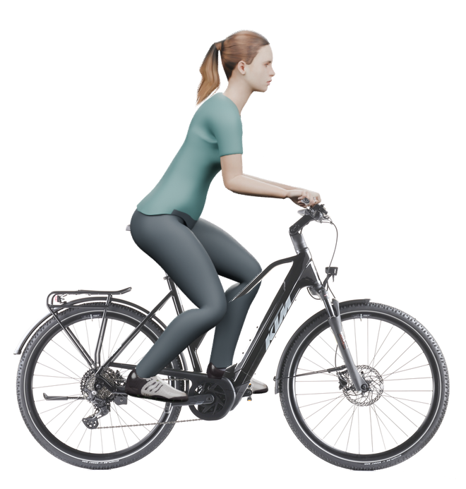 Sitzbeispiel mit 3D-Person: aufrechtere Haltung auf einem KTM Macina Tour CX 830 mit 56 cm Rahmen.